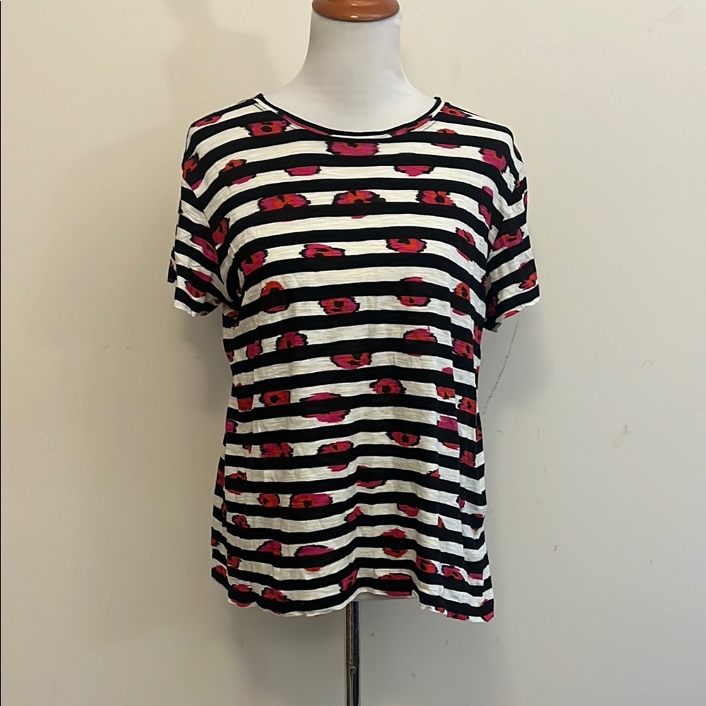 Proenza Schouler Striped Black & White Tee with Pink Floral Accents Size Large